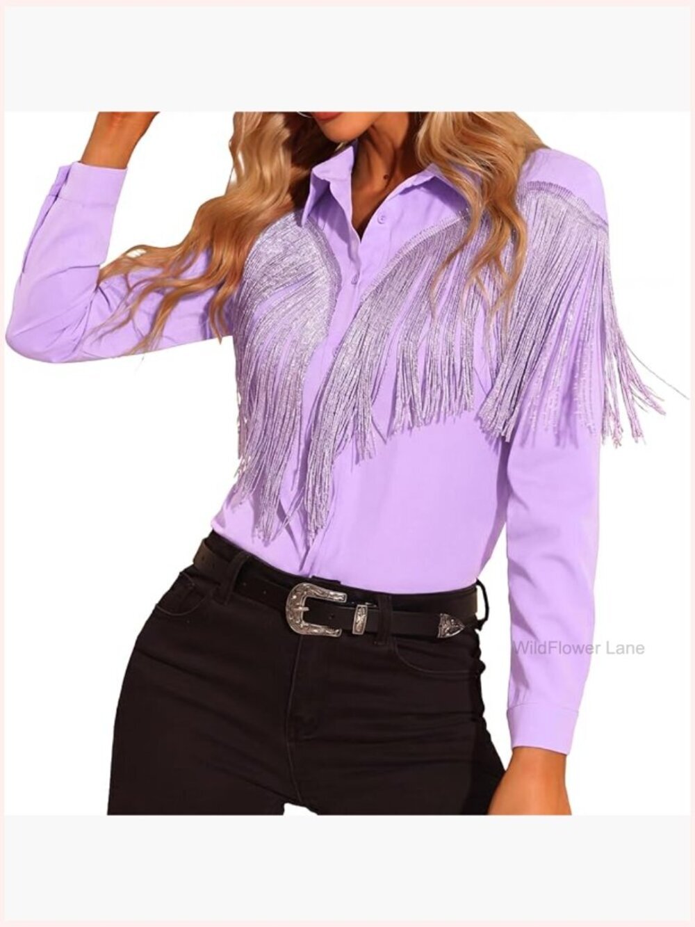 Western Fringe Blouse Long Sleeve Button Down Cowgirl Shirt Tassel Disco